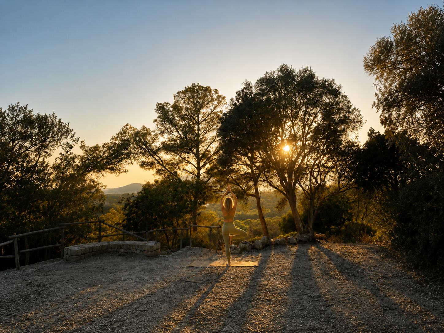Outdoor yoga practice in warm evening light